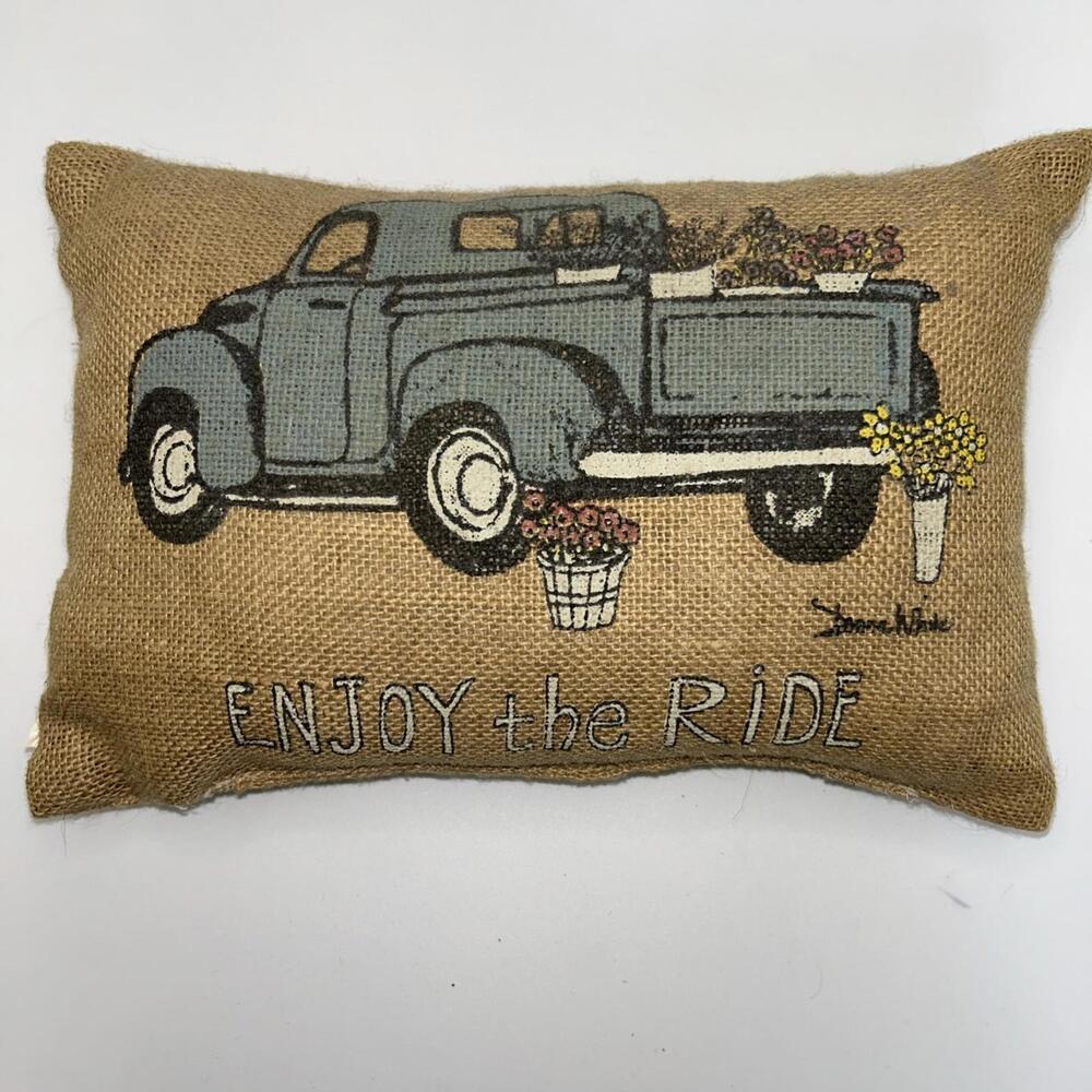 Farmhouse Burlap Decorative Pillow 12x8 Blue Truck Flowers “Enjoy the Ride”